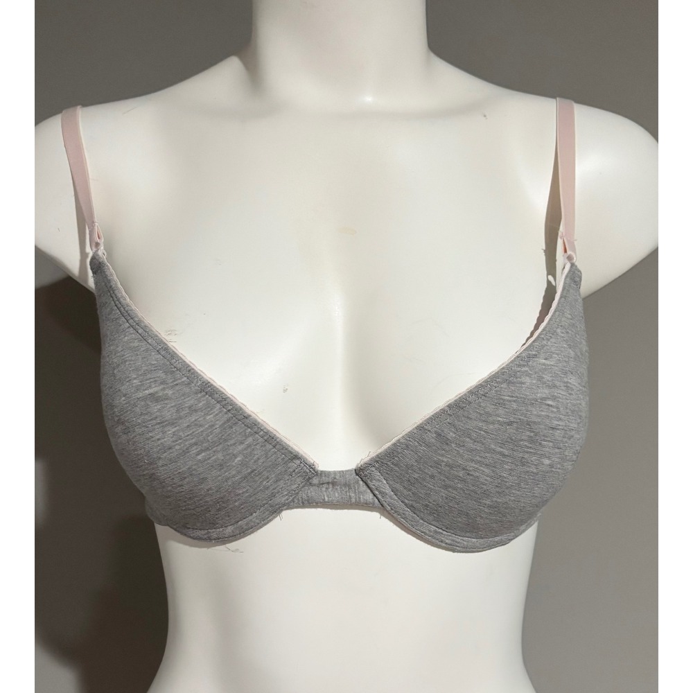 Lei Heather Gray Cotton Blend Underwire T-Shirt Bra Pink Straps 34B L21092